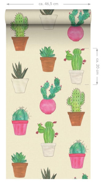 ESTAhome XXL-Vliestapete Kakteen Grün, Rosa und Beige - 50 x 900 cm - 158604