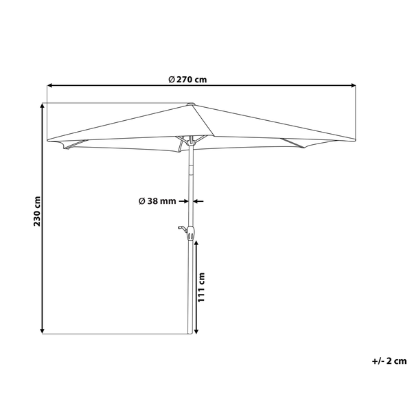 Sonnenschirm-Skizze mit Maßen: Durchmesser 270 Zentimeter, Gesamthöhe 230 Zentimeter, Mastdurchmesser 38 Millimeter, Kurbelhöhe 111 Zentimeter.