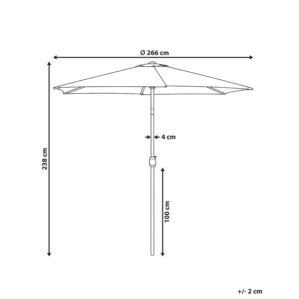 Maßskizze Sonnenschirm: Durchmesser 266 Zentimeter, Höhe 238 Zentimeter, Rohrdurchmesser 4 Zentimeter, Unterstockhöhe 100 Zentimeter.