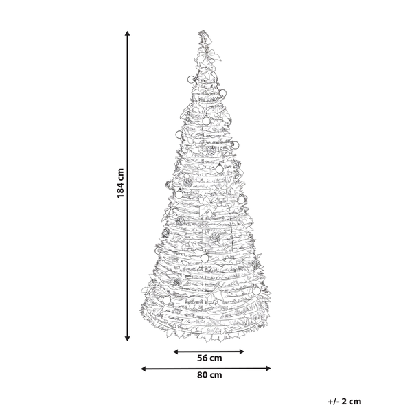 Abbildung eines Weihnachtsbaums mit Größenangaben: 184 cm hoch, 56 cm Durchmesser oben und 80 cm Durchmesser unten