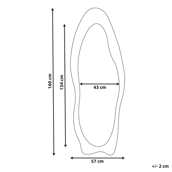 Maßzeichnung für einen organisch geformten Spiegel mit 160 Zentimeter Höhe, 57 Zentimeter Breite und einer Toleranz von plus-minus 2 Zentimeter.