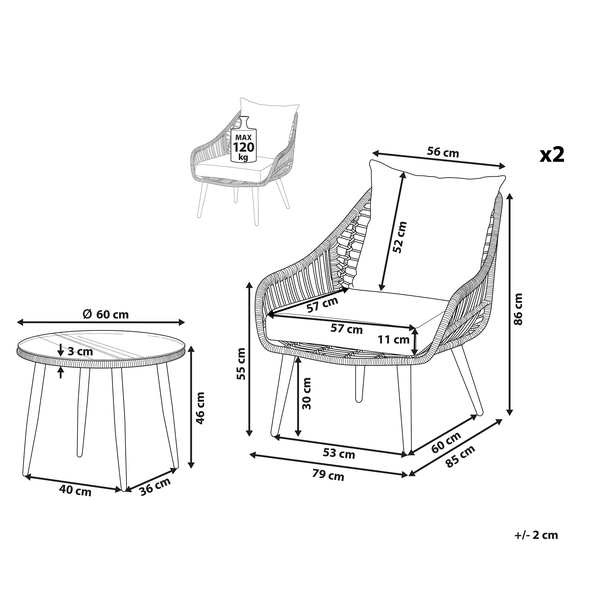 Abbildung mit Maßangaben zu Gartensessel und Tisch