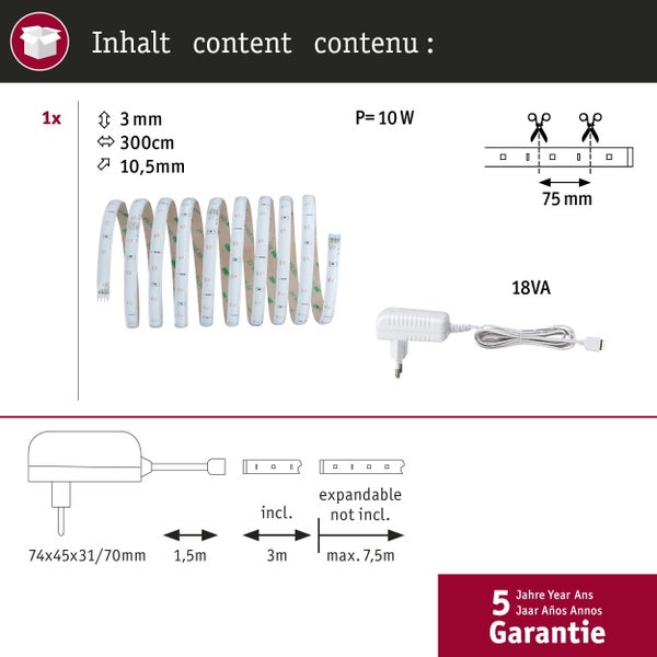 LED-Streifen 300 Zentimeter, 10 Watt, kürzbar alle 75 Millimeter, erweiterbar auf maximal 7,5 Meter, inklusive Netzteil und 5 Jahre Garantie.