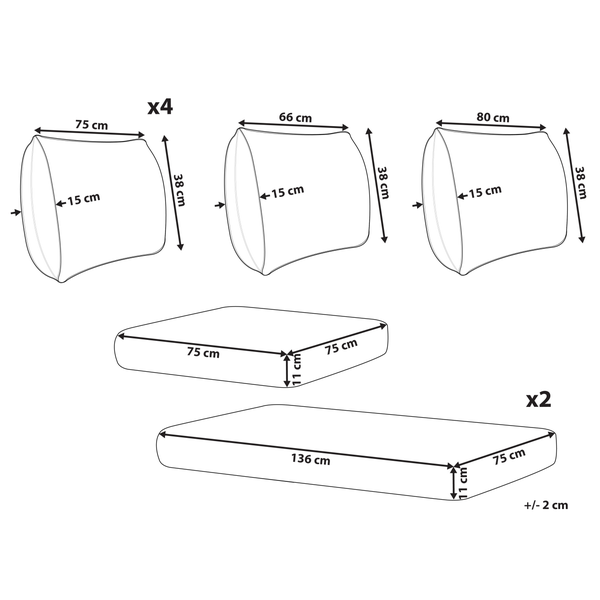 Maße von vier Kissen, einem Sitzkissen und zwei Matratzen