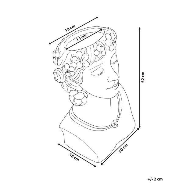 Maßzeichnung einer Pflanzbüste in Frauenform mit Blumenschmuck im Haar, Gesamthöhe 52 Zentimeter, Breite 30 Zentimeter, Tiefe 18 Zentimeter.