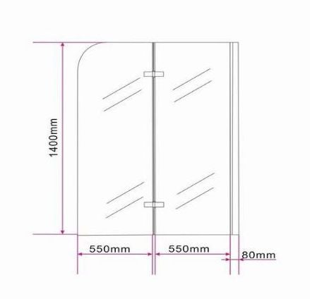 Technische Zeichnung einer Duschtür mit Maßangaben.