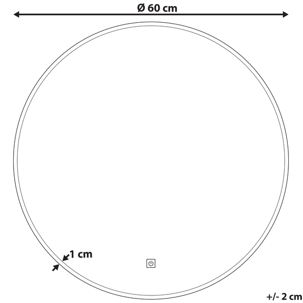 Technische Zeichnung eines runden Spiegels mit einem Durchmesser von 60 Zentimetern und einer Dicke von 1 Zentimeter