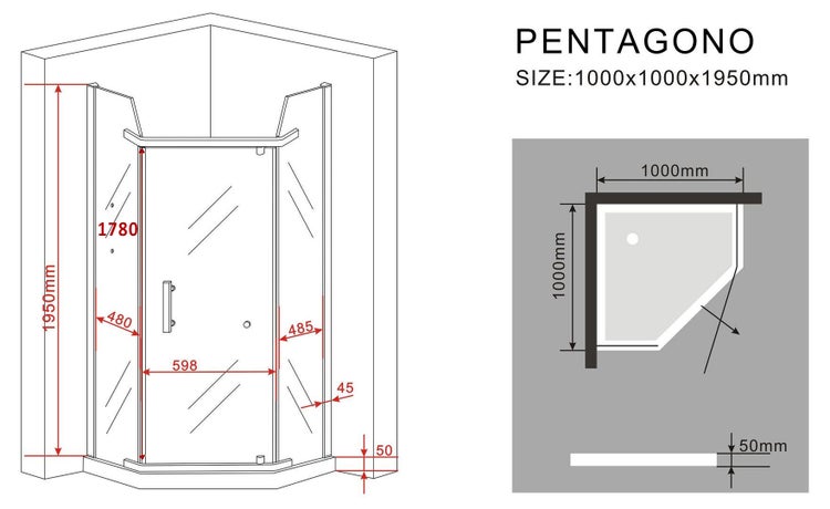 Technische Zeichnung einer Duschkabine mit Maßangaben