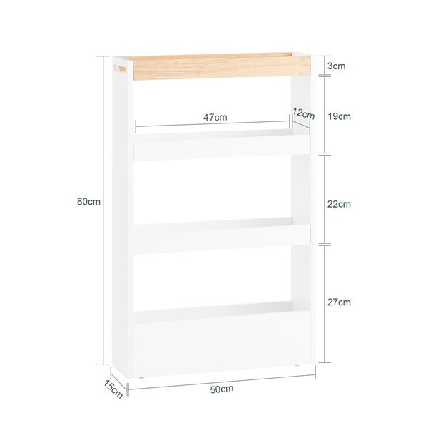 Regal mit vier Ebenen und Maßangaben