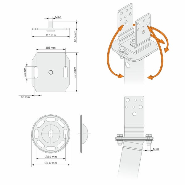 MAXERIO® 60 cm 6er U-Set TILT + 7 cm Pfostenträger für Schraubfundament Bodenhülse Erdanker Erdschraube Erdschraubenfundament Bodenanker Schraubanker Fundament für Spielturm Zaun Pfosten Pavillon