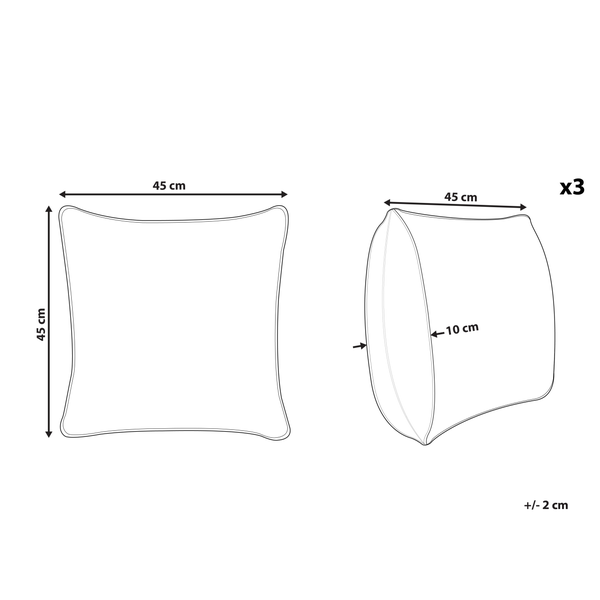 Maßzeichnung eines Kissens im Dreierset mit 45 Zentimeter Breite und Höhe sowie 10 Zentimeter Tiefe und einer Toleranz von plus minus 2 Zentimeter.