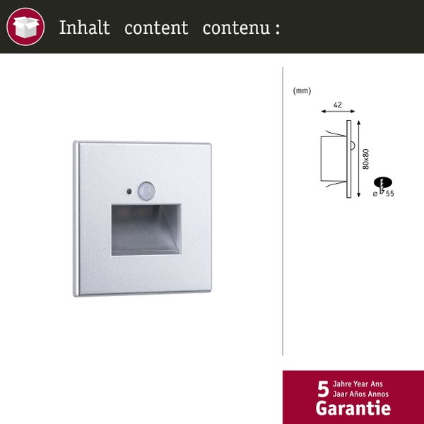 LED Wandeinbauleuchte Edge Quadro eckig 80x42mm 1,2W 25lm 230V 2700K Chrom matt