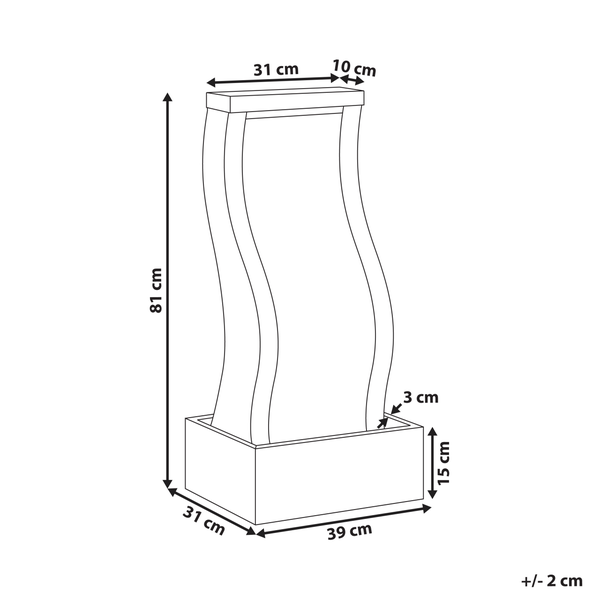 Maßskizze eines Gartenbrunnens: Höhe 81 Zentimeter, Breite 39 Zentimeter, Tiefe 31 Zentimeter, Sockelhöhe 15 Zentimeter.