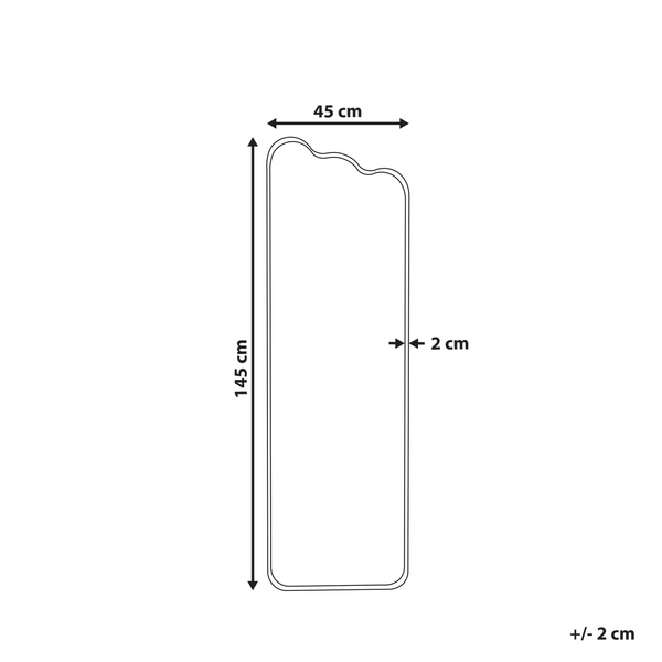 Abmessungen eines Badezimmerspiegels: 145 cm hoch, 45 cm breit, 2 cm tief