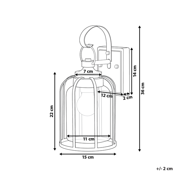 Technische Zeichnung einer Wandleuchte mit Käfig und Maßangaben.