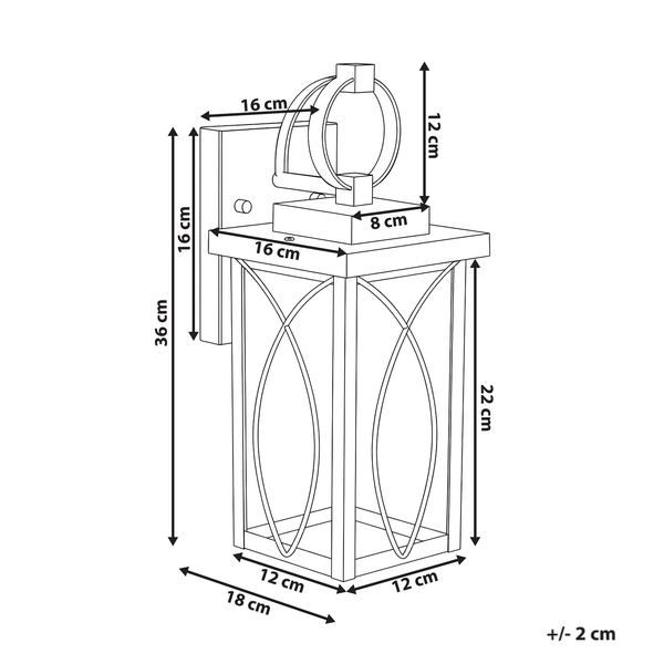 Technische Zeichnung einer Außenwandleuchte mit Maßangaben in Zentimetern. Gesamthöhe 36 Zentimeter, Breite 18 Zentimeter.