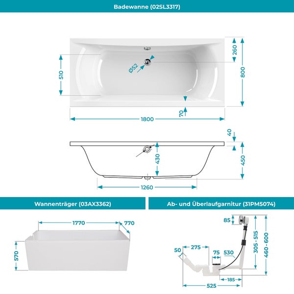 Technische Zeichnung einer Badewanne, eines Wannenträgers und einer Ab- und Überlaufgarnitur mit detaillierten Maßangaben in Millimeter.