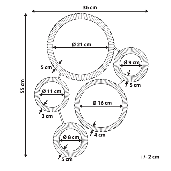 Maßzeichnung einer Wanddekoration aus fünf verbundenen Kreisen mit einer Gesamthöhe von 55 Zentimeter und einer Gesamtbreite von 36 Zentimeter.