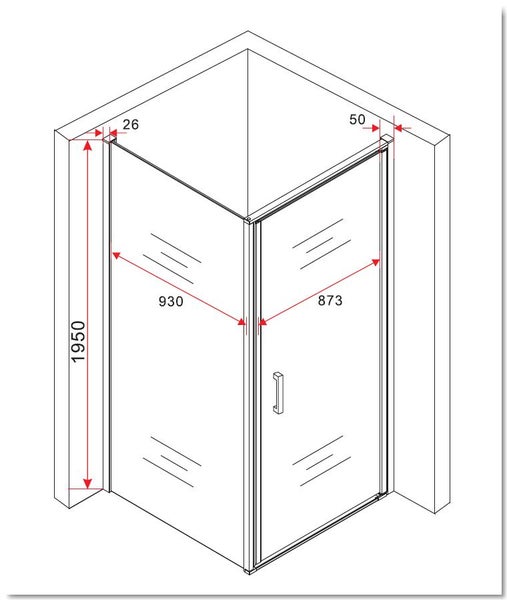 Technische Zeichnung einer Duschkabine mit den Maßen 1950, 930, 873, 50 und 26.