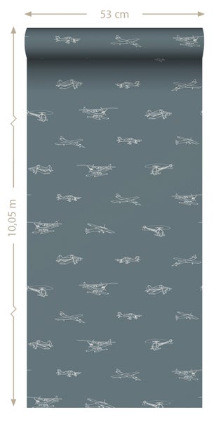 ESTAhome Tapete Flugzeuge und Hubschrauber Graublau - 53 cm x 10.05 m - 139509