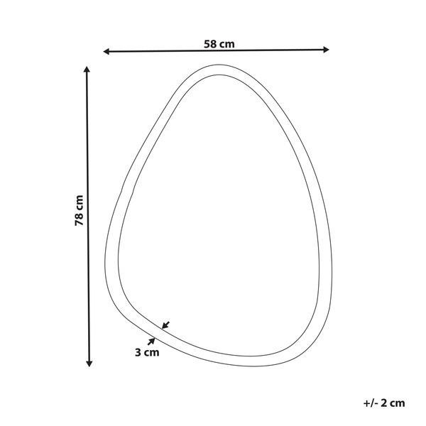 Maßzeichnung einer asymmetrischen Spiegelform mit den Maßen 58 cm Breite, 78 cm Höhe und 3 cm Tiefe