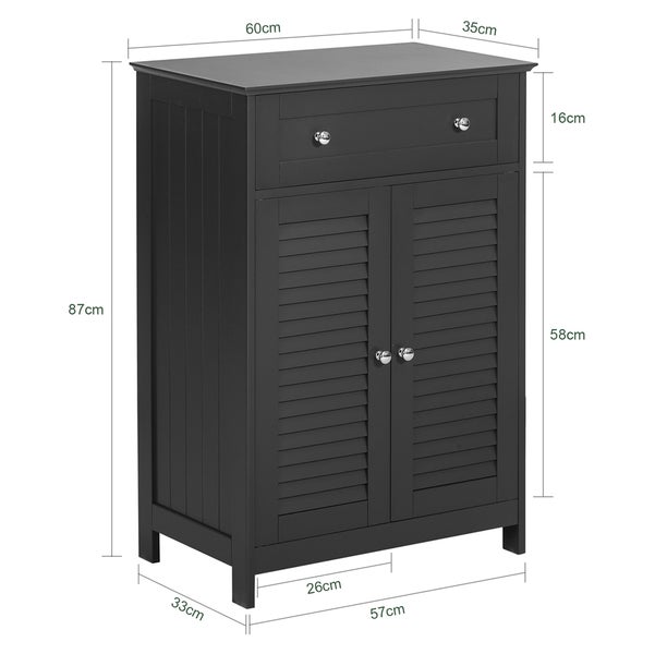 Badezimmerschrank mit Schublade und zwei Türen inklusive Maßangaben.