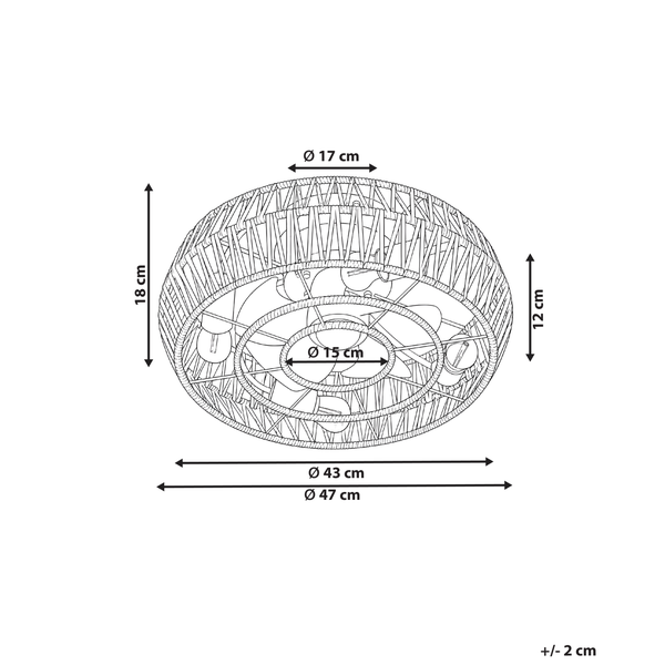 Technische Zeichnung mit Maßangaben für eine Deckenleuchte mit Geflechtstruktur. Durchmesser 47 Zentimeter, Höhe 18 Zentimeter.