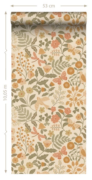 ESTAhome Tapete Blumen und Vögel Orange und Graugrün - 53 cm x 10.05 m - 131393