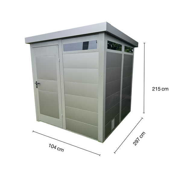 Gartenschrank mit Tür und Fenster, Abmessungen 104 cm x 297 cm x 215 cm