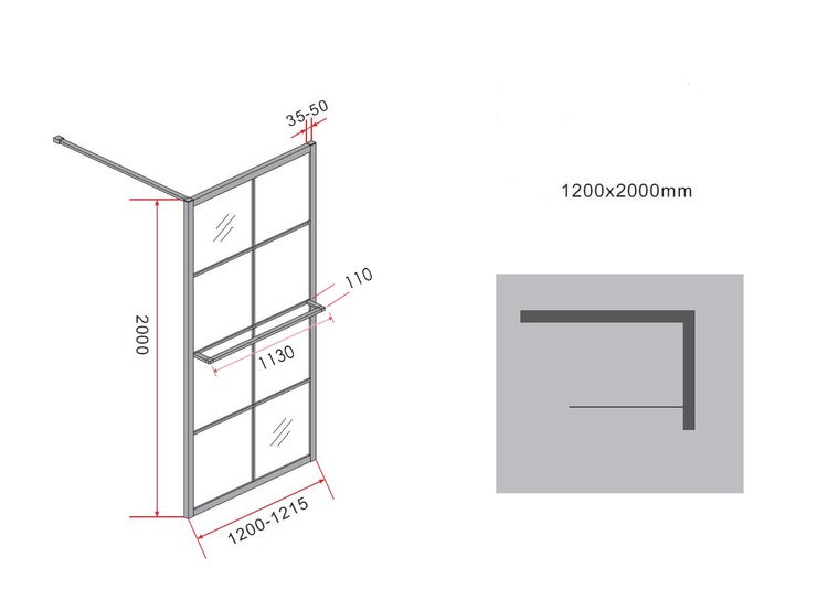 Technische Zeichnung einer Duschwand mit Maßen