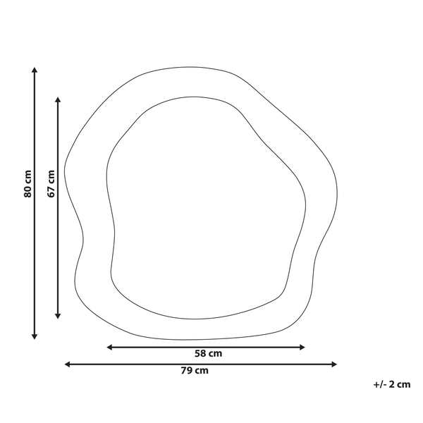 Abmessungen eines unregelmäßig geformten Spiegels: 80 cm hoch, 79 cm breit