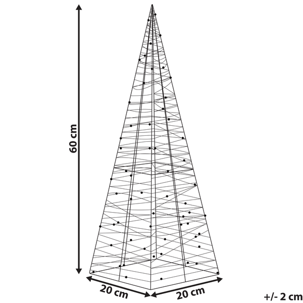Abmessungen einer dekorativen Weihnachtsbaumbeleuchtung mit einer Höhe von 60 cm und einer Basis von 20 cm