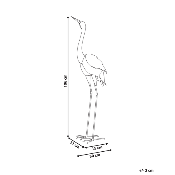 Abbildung eines Gartenreihers mit den Maßen 106 cm Höhe, 30 cm Breite und 21 cm Tiefe.