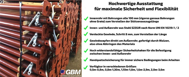 Baustütze, Deckenstütze GBM Italia 2,0-3,6m – höhenverstellbare Montagestütze, Stahlstütze mit Sicherheitshaken, bis 1.600 kg Tragkraft