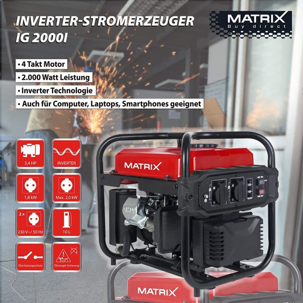 Inverter Stromerzeuger Matrix IG 2000i – Benzin, 2000 Watt, kompakt, tragbar