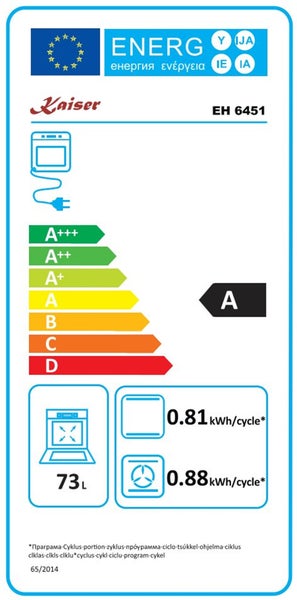 Energieeffizienzlabel fuer Kaiser Einbaubackofen EH 6451 mit Energieeffizienzklasse A und 73 Liter Garraumvolumen.