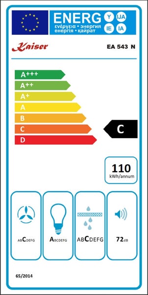 EU Energieeffizienzlabel für Kaiser Dunstabzugshaube Modell EA 543 N mit Energieeffizienzklasse C und 110 Kilowattstunden pro Jahr.