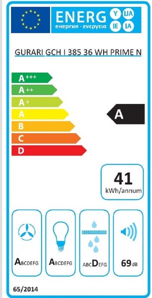 EU Energieeffizienzlabel für GURARI GCH I 385 36 WH PRIME N Dunstabzugshaube mit Energieeffizienzklasse A und 41 kWh pro Jahr Verbrauch.