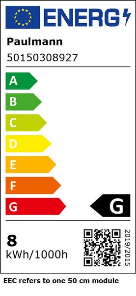 Paulmann Energieeffizienzlabel für Artikel 50150308927, Energieklasse G, Energieverbrauch 8 Kilowattstunden pro 1000 Stunden. Bezieht sich auf ein 50 Zentimeter Modul.
