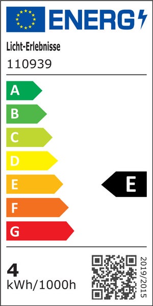 EU Energieeffizienzlabel für Licht Erlebnisse 110939 Energieeffizienzklasse E Stromverbrauch 4 Kilowattstunden pro 1000 Stunden