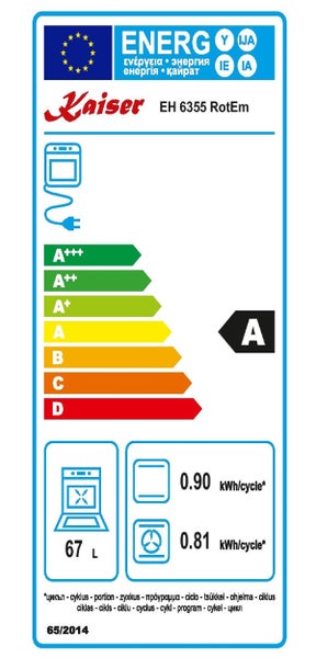 EU Energieeffizienzlabel für Backofen Kaiser EH 6355 RotEm mit Effizienzklasse A und 67 Liter Nutzinhalt.