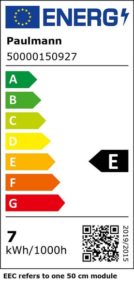 Europäisches Energielabel für Paulmann 50000150927. Energieeffizienzklasse E. 7 Kilowattstunden pro 1000 Stunden. Wert für ein 50 Zentimeter Modul.