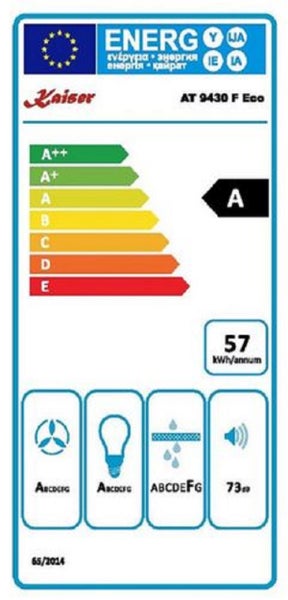 EU Energieeffizienzlabel für Kaiser Dunstabzugshaube AT 9430 F Eco mit Energieeffizienzklasse A und 57 Kilowattstunden pro Jahr