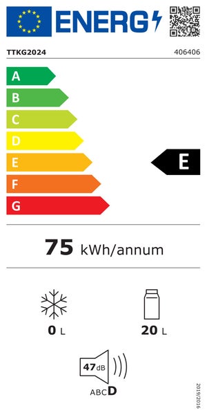 Energielabel für TTKG2024, Energieeffizienzklasse E, 75 Kilowattstunden pro Jahr, 20 Liter Kühlfach, 0 Liter Gefrierfach, 47 Dezibel.