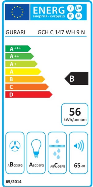 EU Energieeffizienzlabel für Gurari Dunstabzugshaube GCH C 147 WH 9 N mit Energieeffizienzklasse B und 56 Kilowattstunden pro Jahr Verbrauch