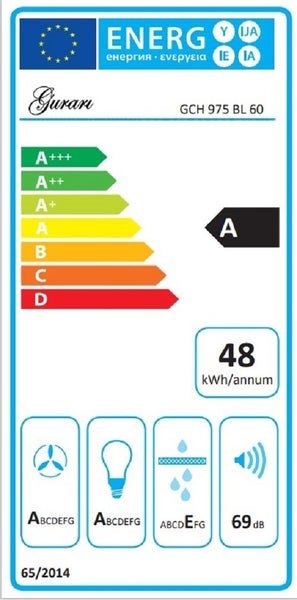 EU Energieeffizienzlabel fuer Gurari Dunstabzugshaube GCH 975 BL 60 mit Energieeffizienzklasse A und 48 Kilowattstunden pro Jahr Verbrauch.