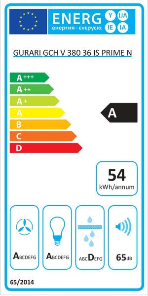 EU Energieeffizienzlabel für GURARI GCH V 380 36 IS PRIME N Dunstabzugshaube mit Energieeffizienzklasse A und 54 Kilowattstunden pro Jahr
