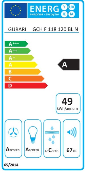 Energieeffizienzlabel für Gurari Dunstabzugshaube GCH F 118 120 BL N mit Energieeffizienzklasse A und Energieverbrauch 49 Kilowattstunden pro Jahr.