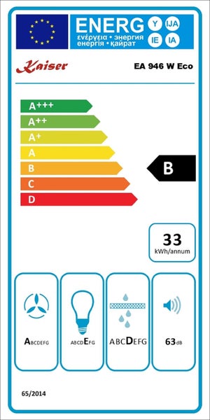 EU Energieeffizienzlabel fuer Kaiser EA 946 W Eco Dunstabzugshaube mit Energieeffizienzklasse B und 33 kWh pro Jahr Energieverbrauch.