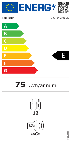 Europäisches Energielabel Homcom 800-246V90BK. Energieklasse E, 75 Kilowattstunden pro Jahr, Kapazität 12 Flaschen, 37 Dezibel, Geräuschklasse C.